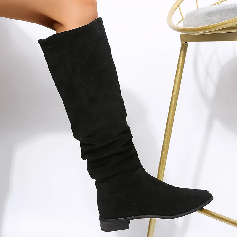 Winter Women Apricot Suede Pointed Toe Knee High Boots Lady Tube Slip on Long Shoes Mujer