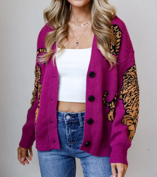 Tiger Print Button-Up Knit Cardigan