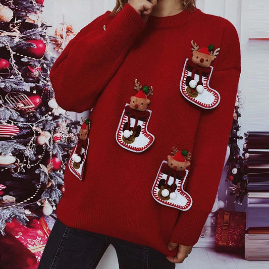 Cute Elk 3D Decoration Round Neck Long Sleeve Knit Pullover Christmas Sweater