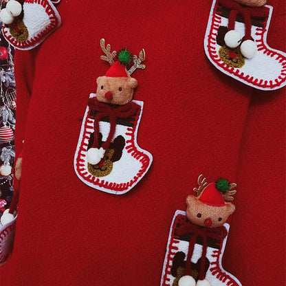 Cute Elk 3D Decoration Round Neck Long Sleeve Knit Pullover Christmas Sweater