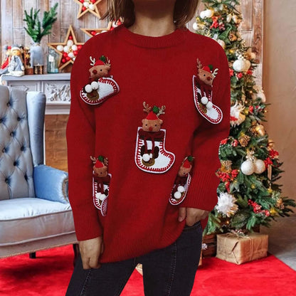 Cute Elk 3D Decoration Round Neck Long Sleeve Knit Pullover Christmas Sweater