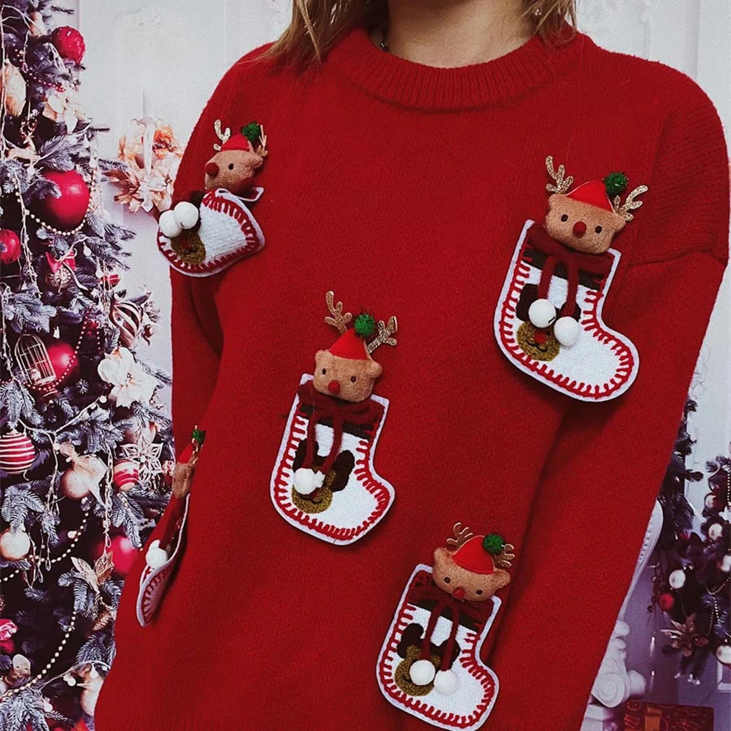 Cute Elk 3D Decoration Round Neck Long Sleeve Knit Pullover Christmas Sweater