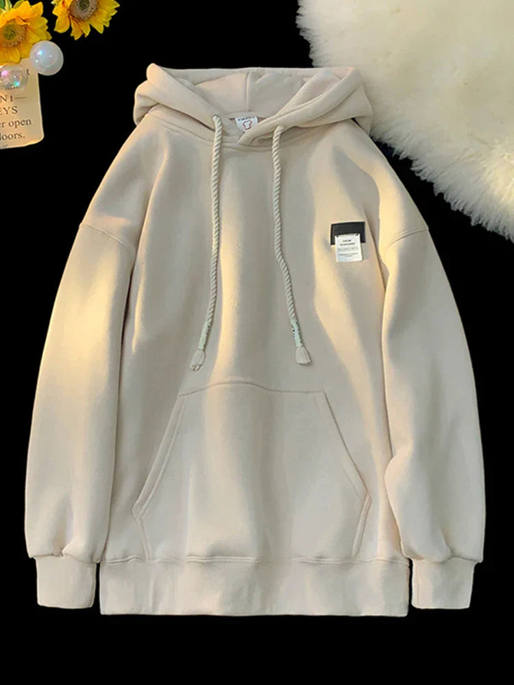 Solid Color Appliqué Oversized Fleece Hoodie Beige / M(40-45KG)