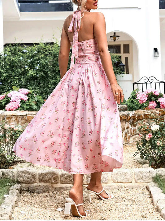 Halter Backless Print Floral Pink Dress