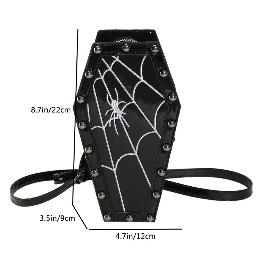 Novelty Halloween Gothic Coffin Shape Spider Web Sling PU Leather Bag