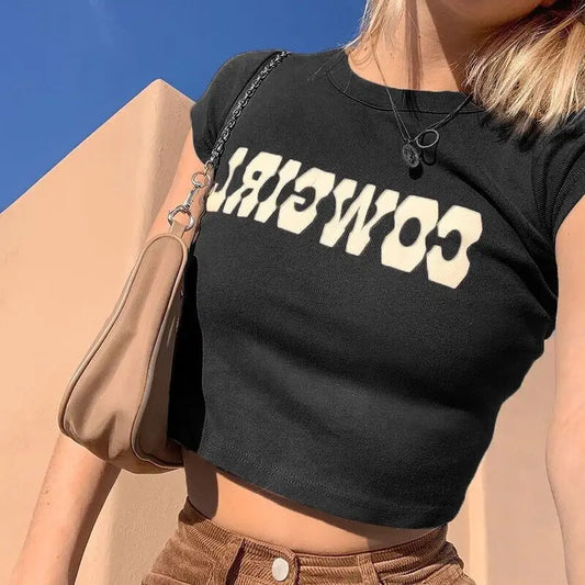 COWGIRL Print Casual Streetwear Short Sleeve Crop Top