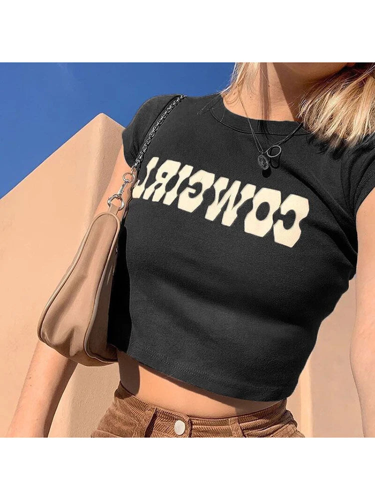 COWGIRL Print Casual Streetwear Short Sleeve Crop Top