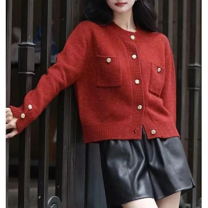 Solid Color Office Lady O-neck Cardigan