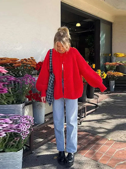 Solid Color Long Sleeve Red Knit Cardigan