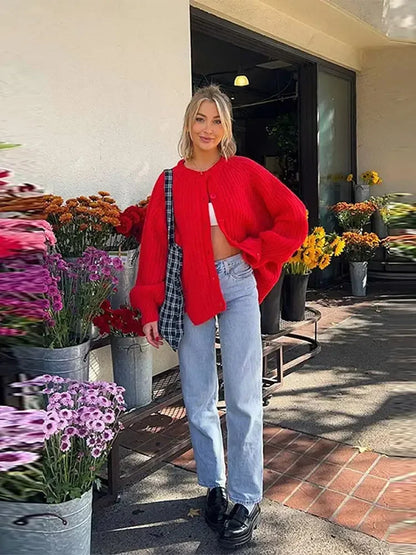 Solid Color Long Sleeve Red Knit Cardigan