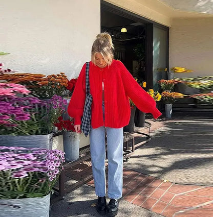 Solid Color Long Sleeve Red Knit Cardigan