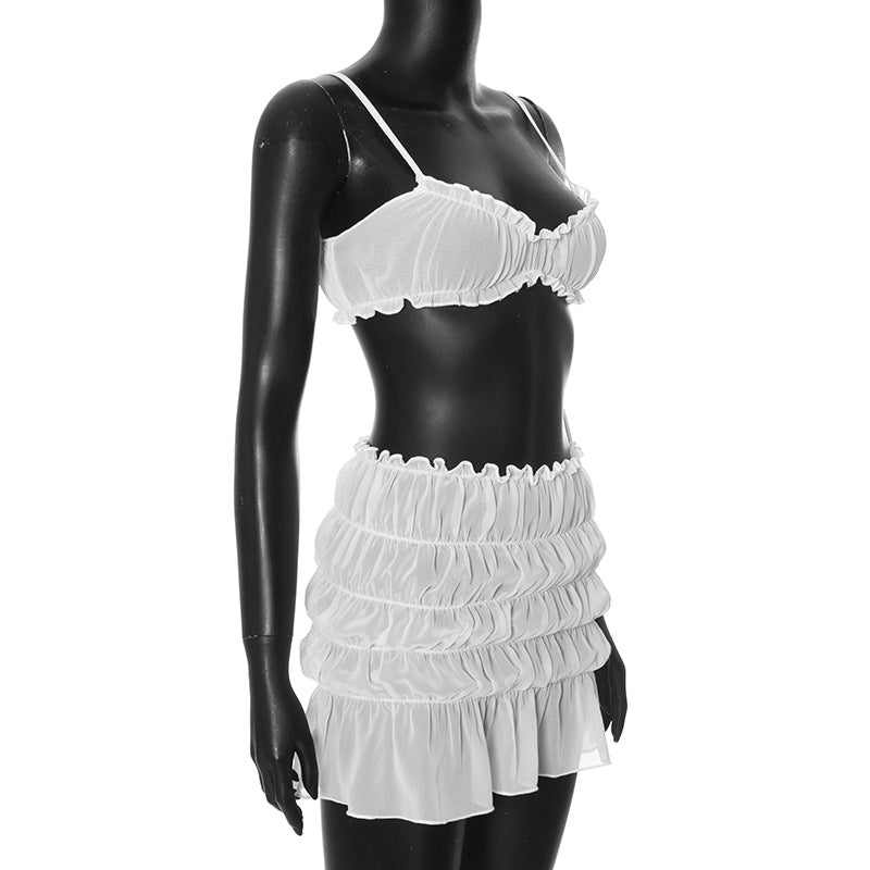 Ruched Bralette And Low Graceful Waist Mini Skirt Set