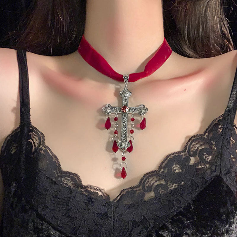 Gothic Cross Blood Drop Tassel Red Velvet Unique Necklace