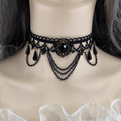 Gothic Retro Black Lace Tassel Collar Choker Necklace