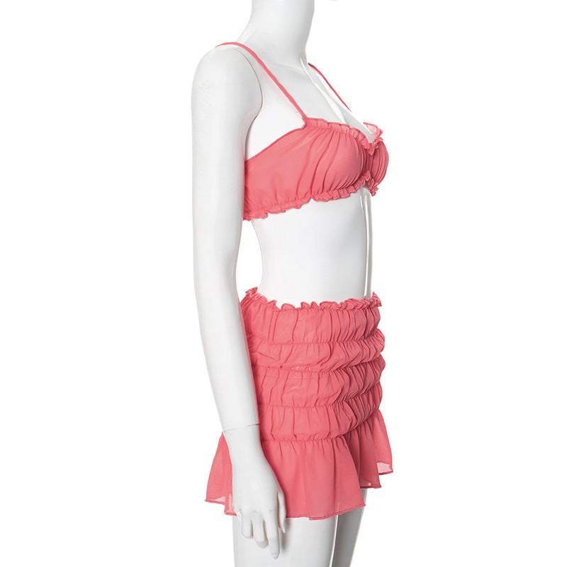 Ruched Bralette And Low Graceful Waist Mini Skirt Set
