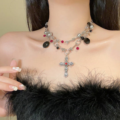 Dark Punk Layered Cross Sweet Cool Beaded Personality Necklace