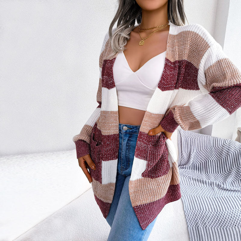 Casual Striped Cardigan Wine Red best Best Sellings cardigan cardigans clothes Sale tops Topseller