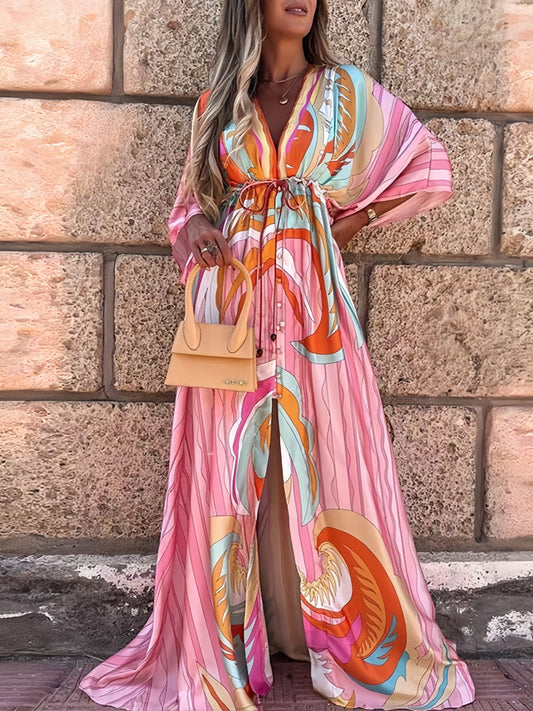 Bohemian Feather Wrap Maxi Gown in Sunset Hues