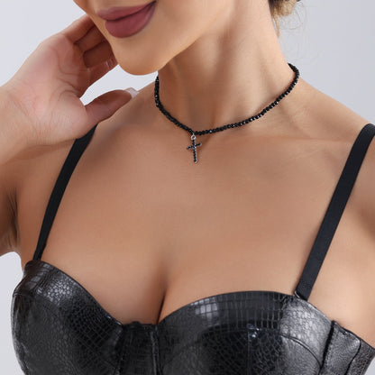 Black Faux Crystal Simple Cross Choker Necklace