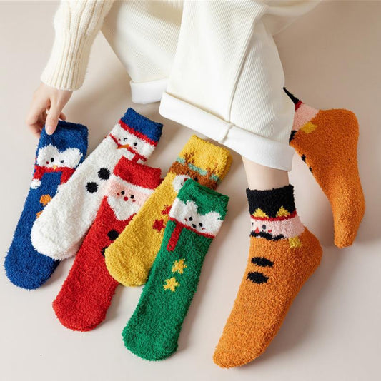 Plush Coral Fleece Cartoon Mid Calf Home Sleep Socks