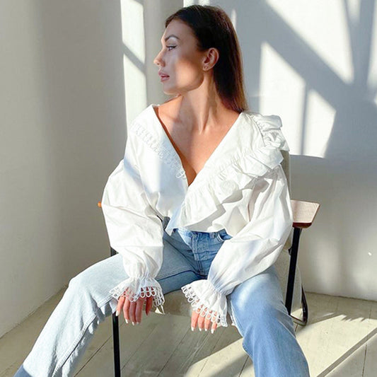 Ruffled Deep V-Neck Lace Trim Blouse