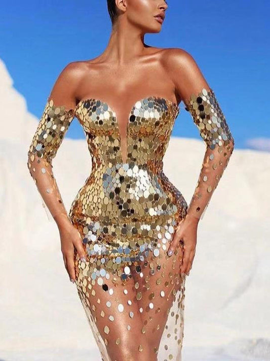 Sequin Mesh Off Shoulder Bodycon Maxi Party Dress