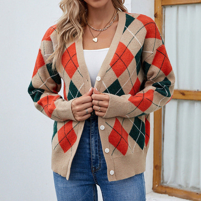 Casual Geometric Knitted Cardigan Brown best Best Sellings cardigan cardigans clothes Sale tops Topseller