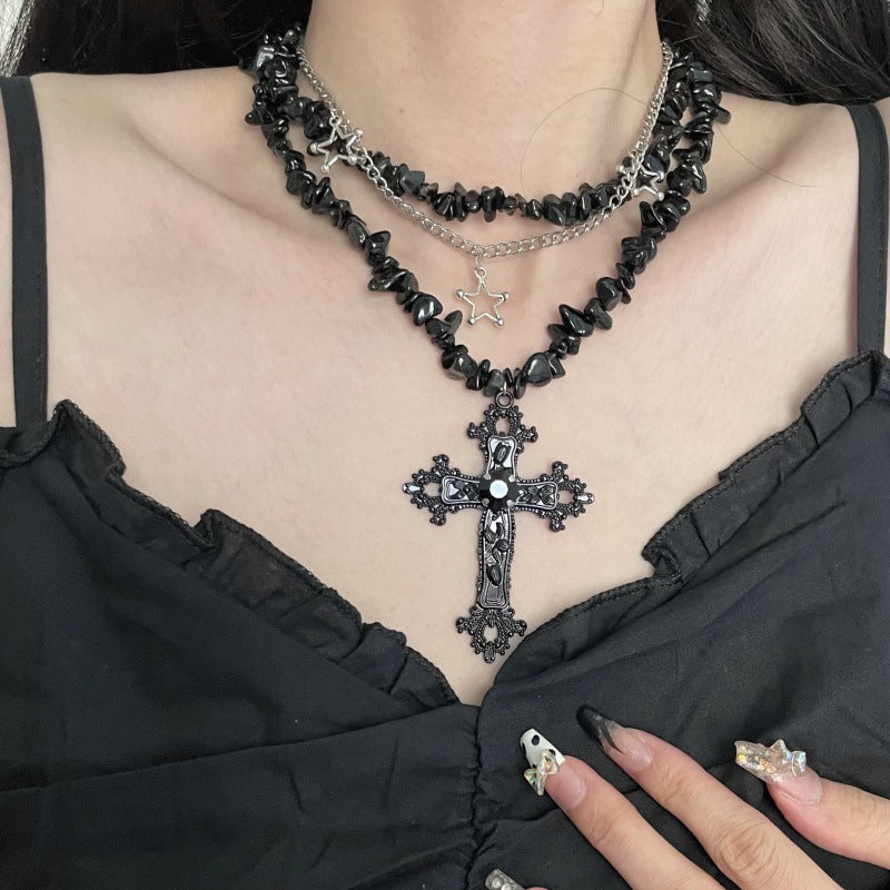 Sweet Cool Diamond Cross Star Double Layer Hip-hop Fashion Necklace