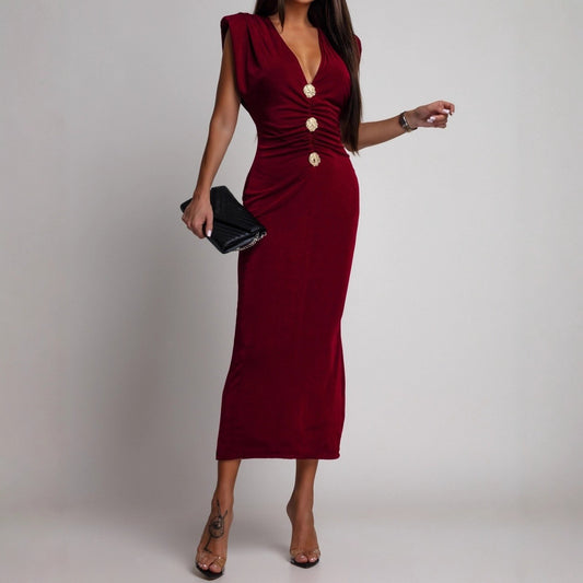 Deep V Button Front Sleeveless Midi Dress