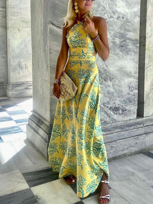 Yellow Printed Halter Backless Dress