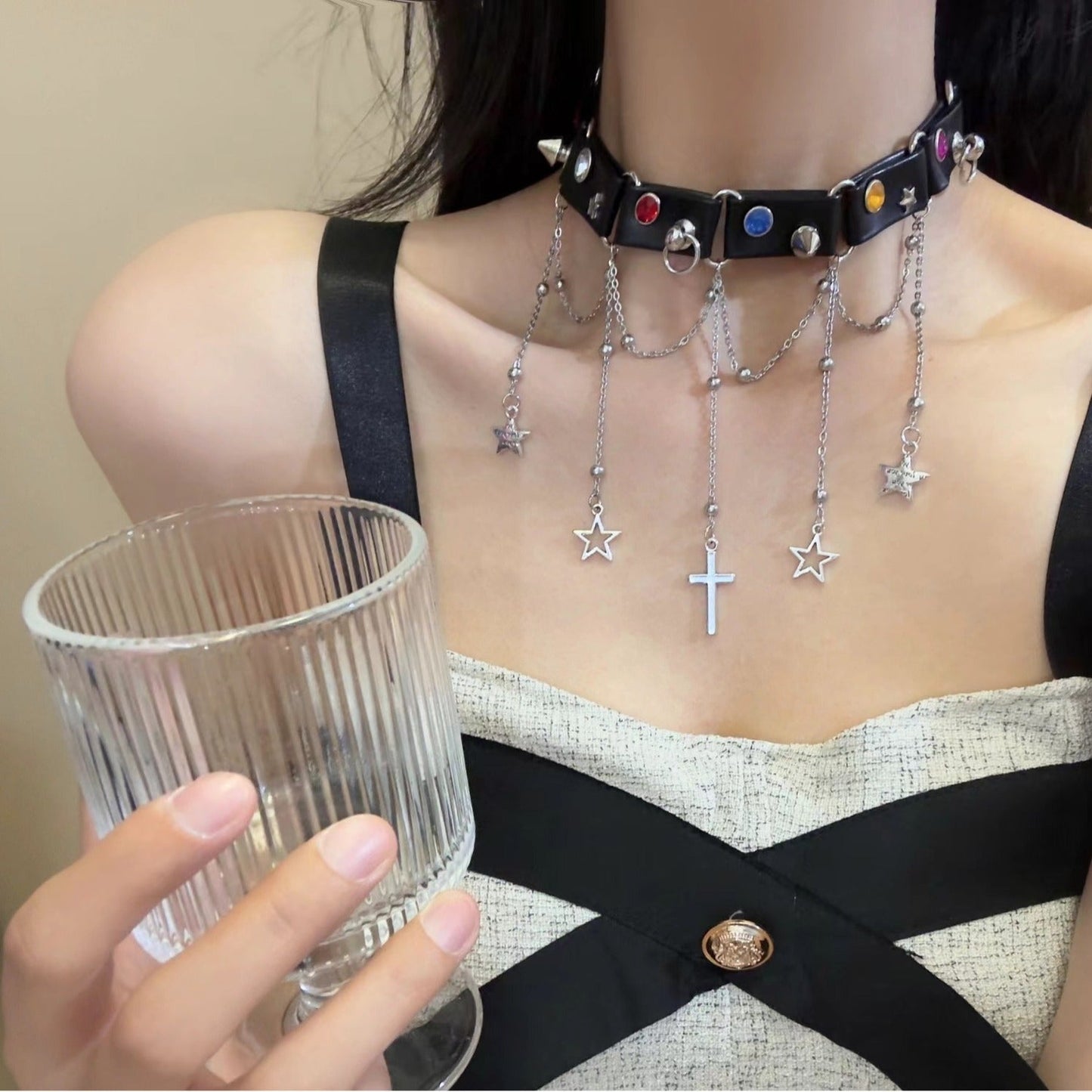 Star Cross Pendant Choker Necklace Y2K Punk Retro Dark Necklace