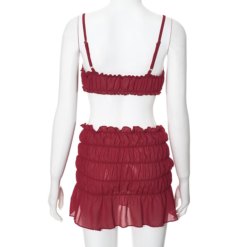 Ruched Bralette And Low Graceful Waist Mini Skirt Set