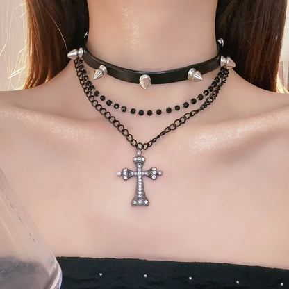 Dark Leather Rivet Cross Double Layered Necklace