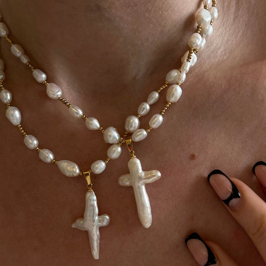 Vintage Baroque Cross Pearl NeckLace