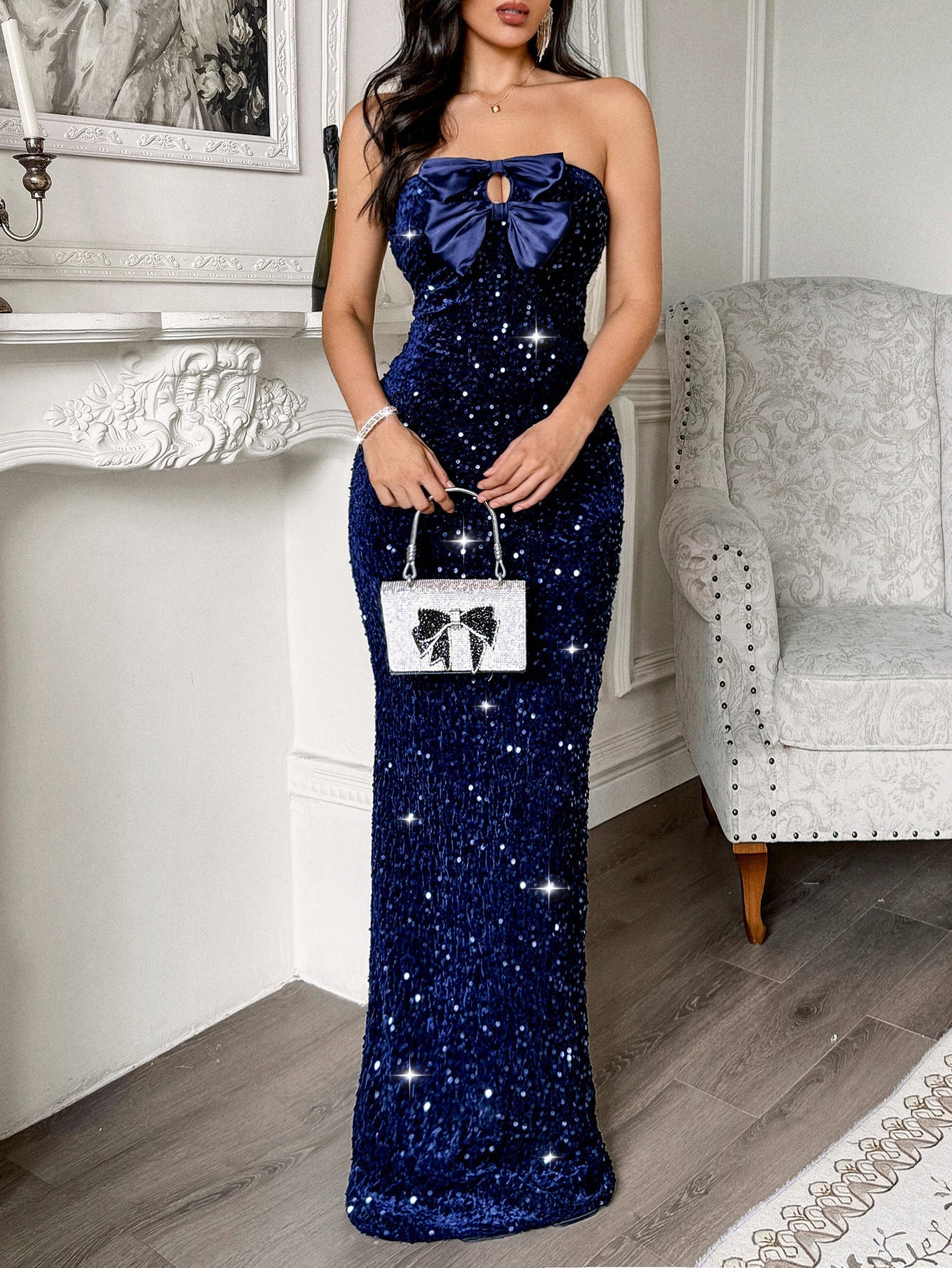 Strapless Sequin Bow Elegant Party Dress