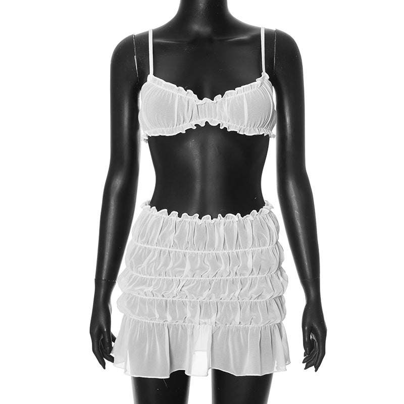 Ruched Bralette And Low Graceful Waist Mini Skirt Set