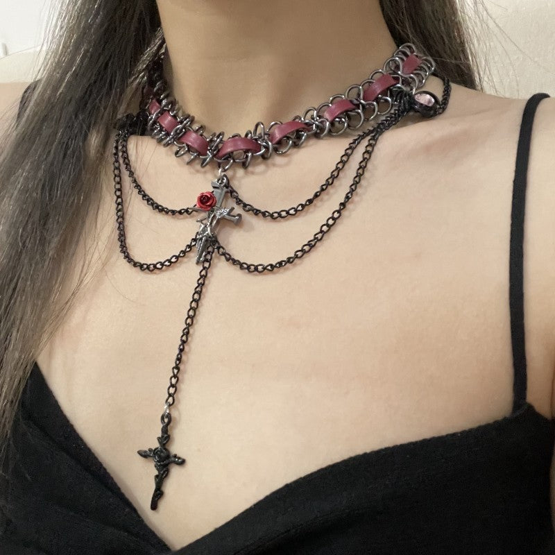 Dark Punk Heart Flower Cross Layered Necklace