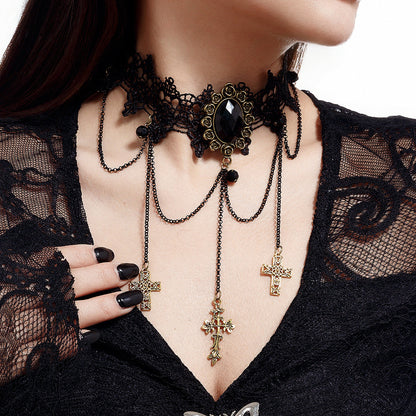 Gothic Blood Drop Gem Tassel Cross Halloween Necklace