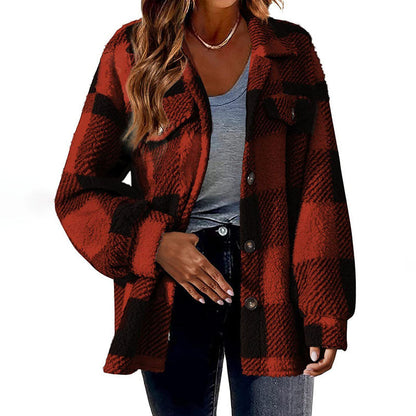 Casual Warm Plaid Coat Red best Best Sellings cardigan cardigans clothes Plus Size Sale tops Topseller