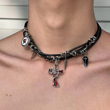 Hip-hop Dark Cross Rivet Triple Leather Necklace