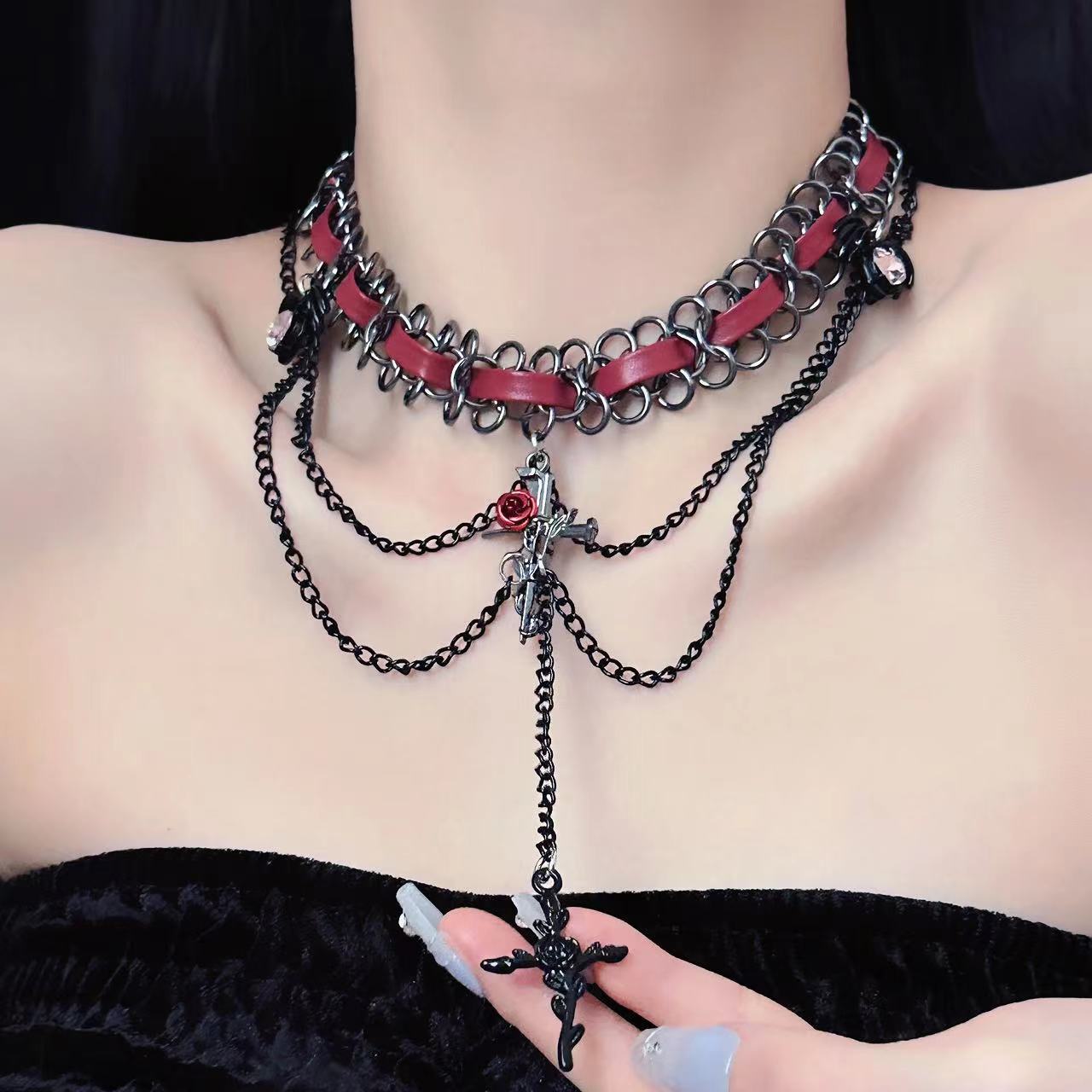 Sweet Cool Cross Red Leather Gothic Retro Tassel Layered Necklace