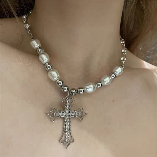 Hip-hop Retro Pearl Punk Dark Gothic Cross Pendant Necklace