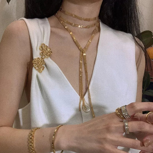 Gold Square Tassel Long Layered NeckLace