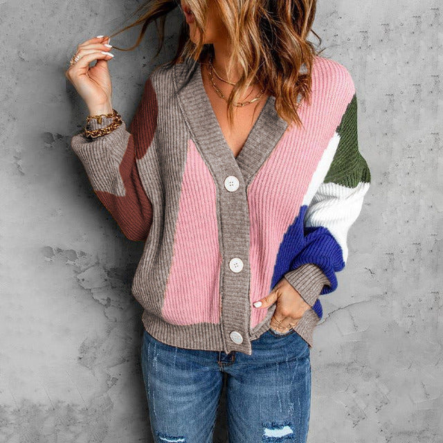 Contrast Color Knitted Cardigan Pink best Best Sellings cardigan cardigans clothes Sale tops Topseller