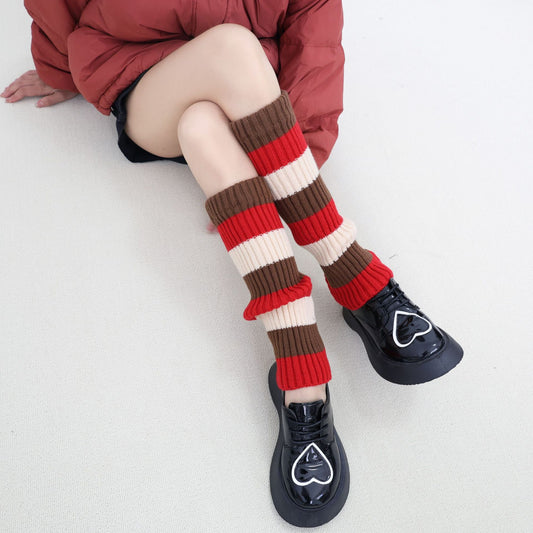Knit Striped Color Block Slouchy Red Leg Warmers