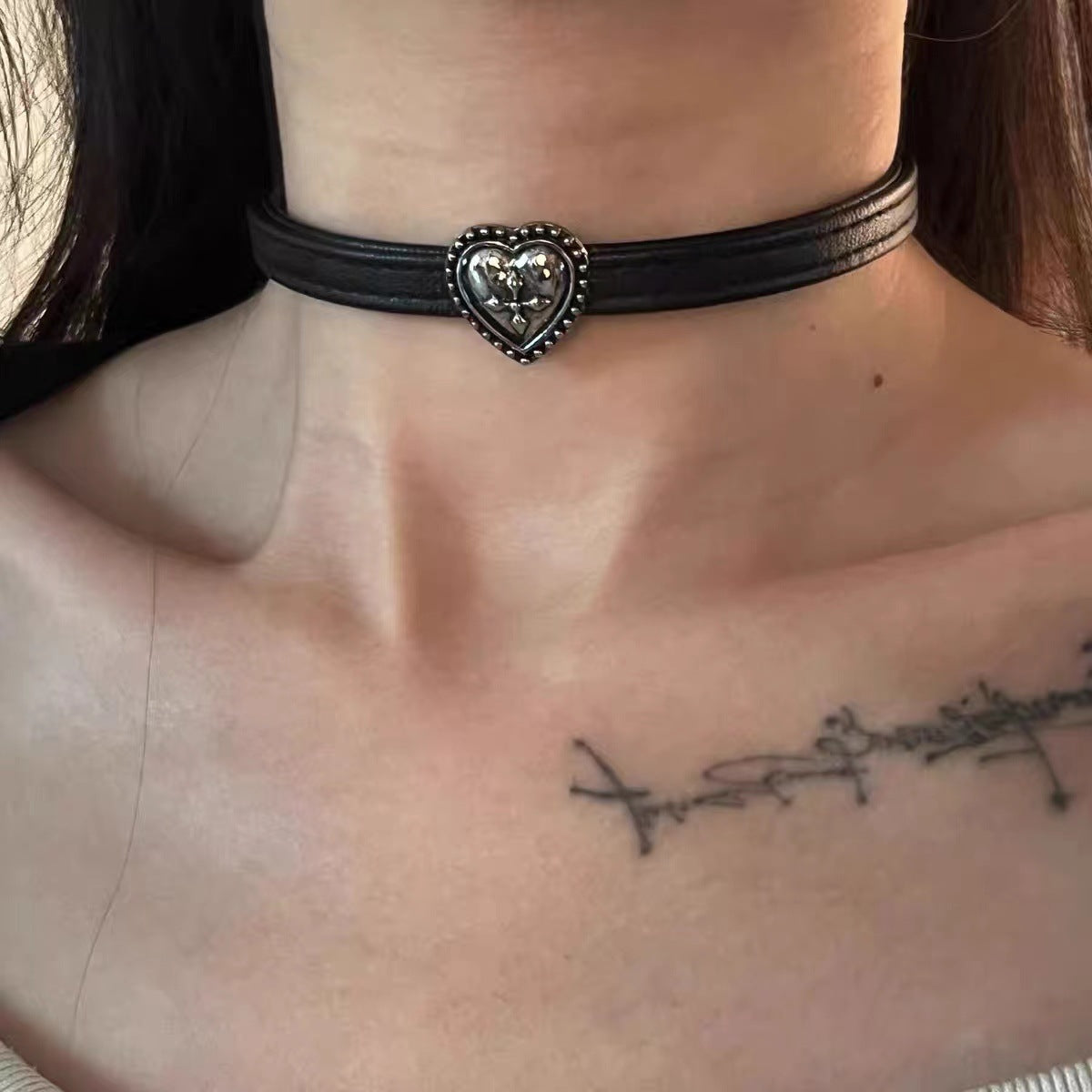 Vintage Distressed Black Leather Choker Necklace