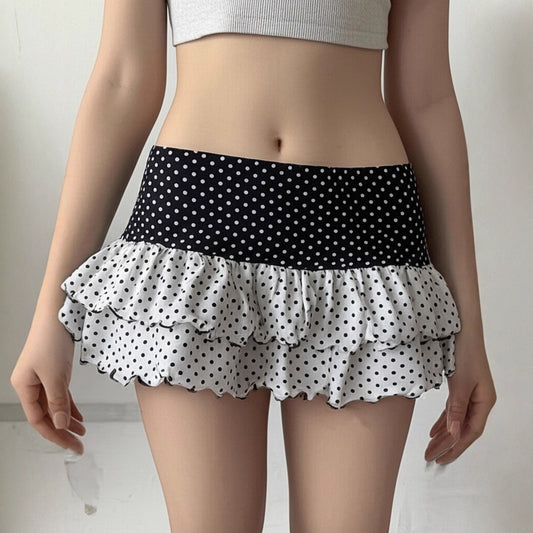 Polka Dot Patchwork Color Block Cute Tiered Slim Mini Skirt