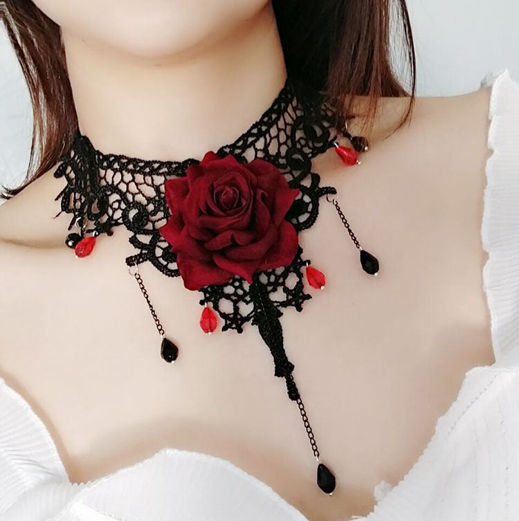 Gothic Vintage Rose Choker Pearl Necklace