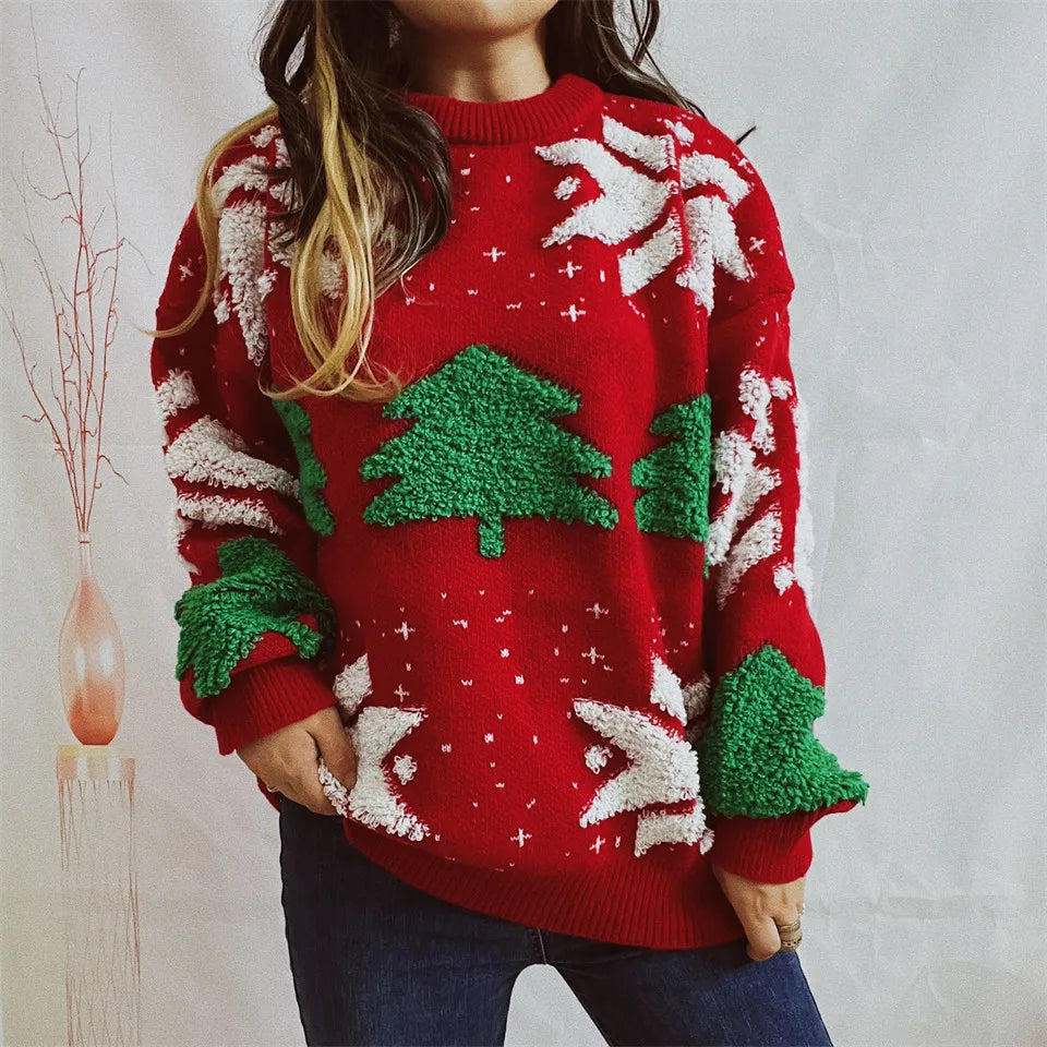 Green Fashion Tree Embroidery Knitted Pullover Casual Loose Retro Christmas Sweater