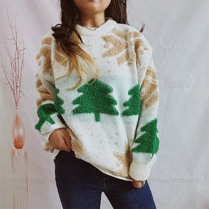 Green Fashion Tree Embroidery Knitted Pullover Casual Loose Retro Christmas Sweater